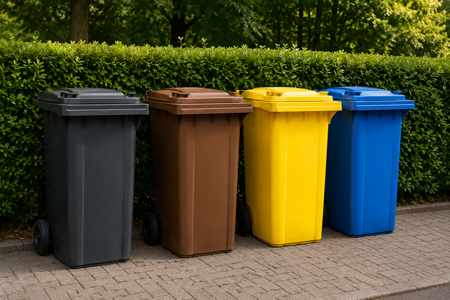 Vier Mülltonnen in Schwarz, Braun, Gelb und Blau für den Mülltonnen-Service